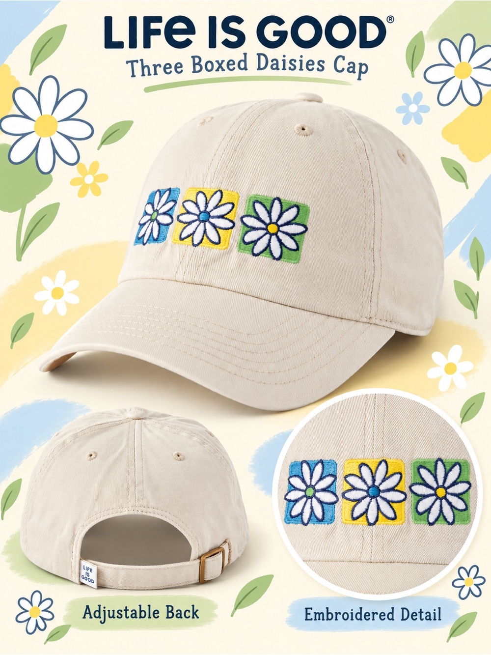 NWT Life is Good Adult Unisex Three Boxed Daisies Chill Cap